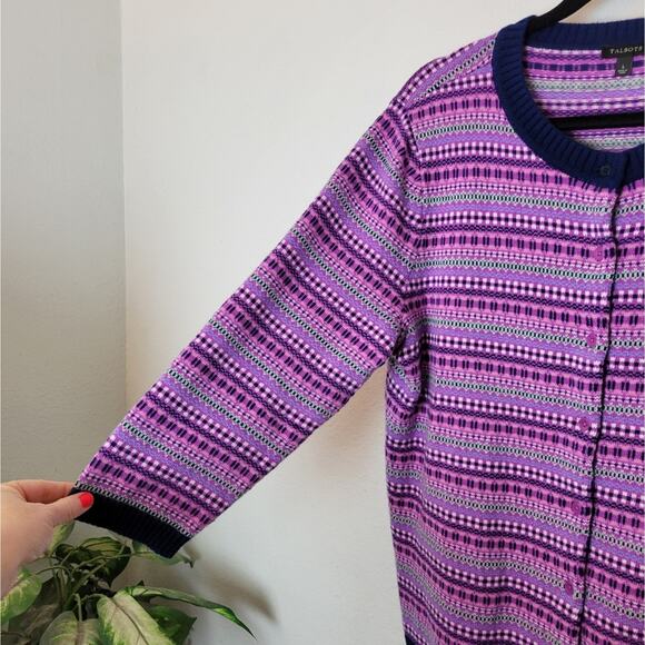 TALBOTS Purple Pink Fair Isle Wool Blend Button Down Cardigan Sweater Sz Large - Picture 4 of 9
